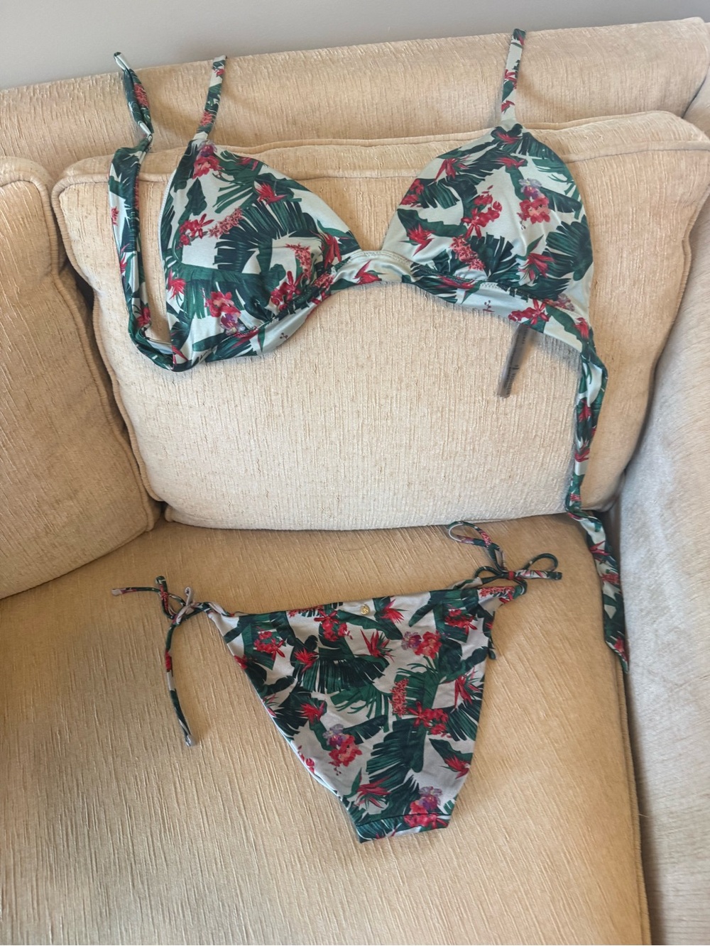 Tropical Floral Tie Bikini Top & Bottom - Green & Red